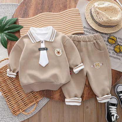 2pcs Baby Boy Bear Collar Sweatshirt Long Sleeve Set
