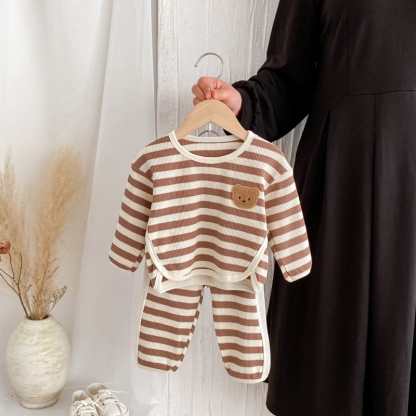 2pcs Baby Girl/Boy Waffle Bear Stripe Long Sleeve Set