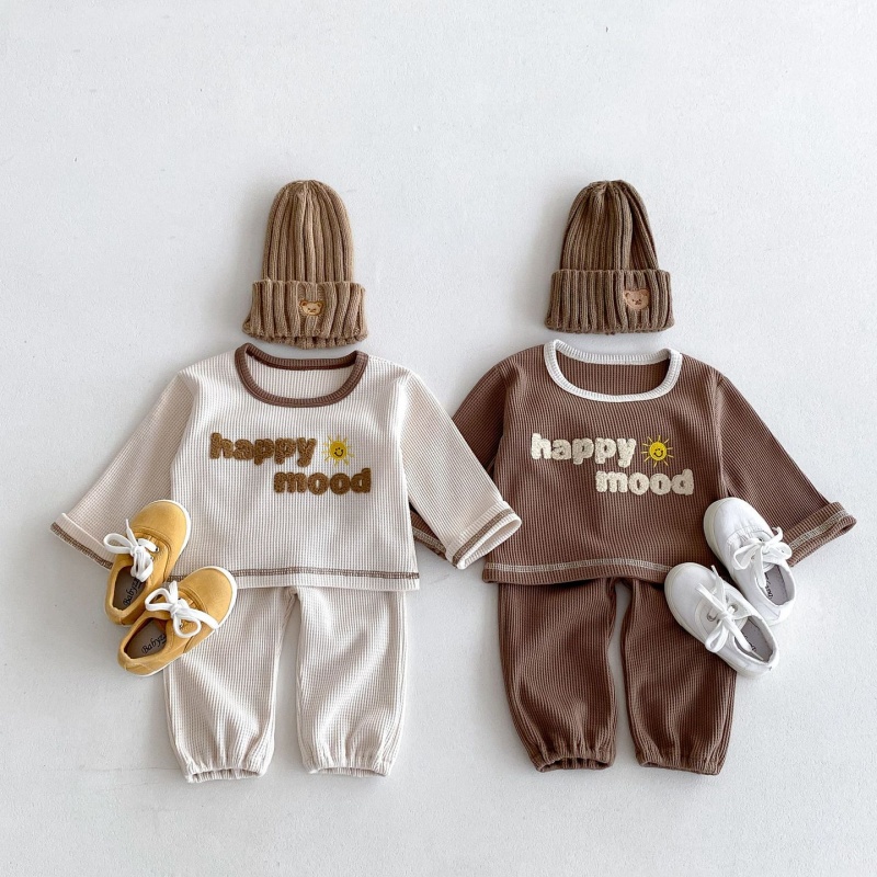 2pcs Baby Girl/Boy WaffleLetter Long Sleeve Set