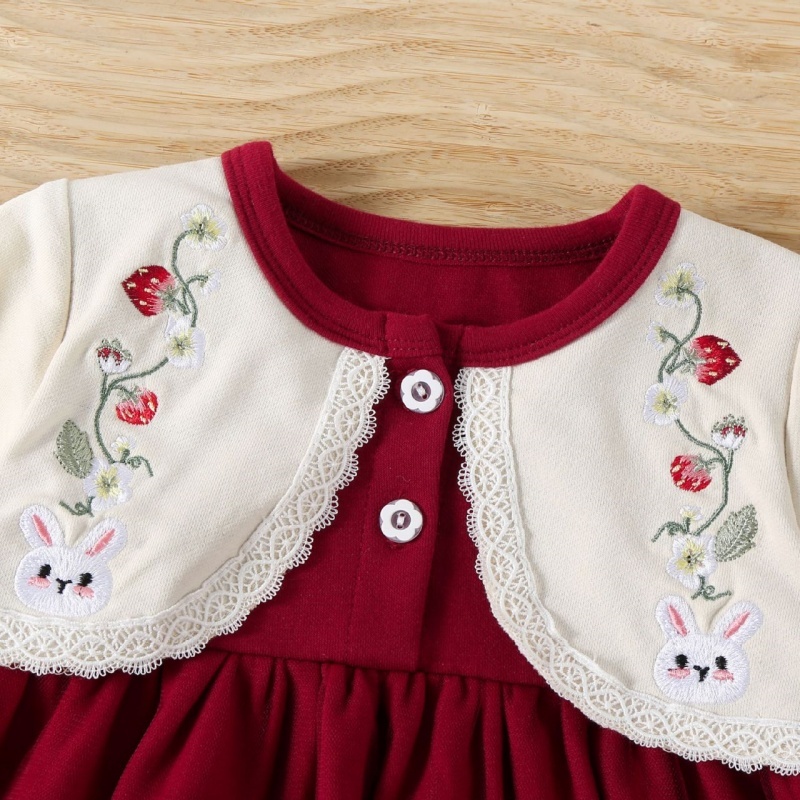 Baby Girl Long Sleeve False Two Piece Embroidered Rabbit Bilateral Dress with Hat
