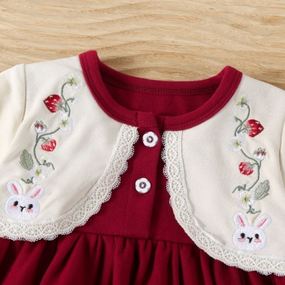 Baby Girl Long Sleeve False Two Piece Embroidered Rabbit Bilateral Dress with Hat