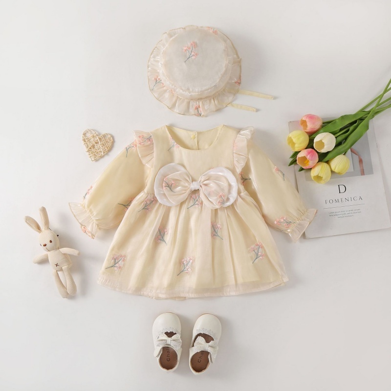 Baby Girl Long Sleeve Lily Section Embroidery Bow Mesh Dress with Hat