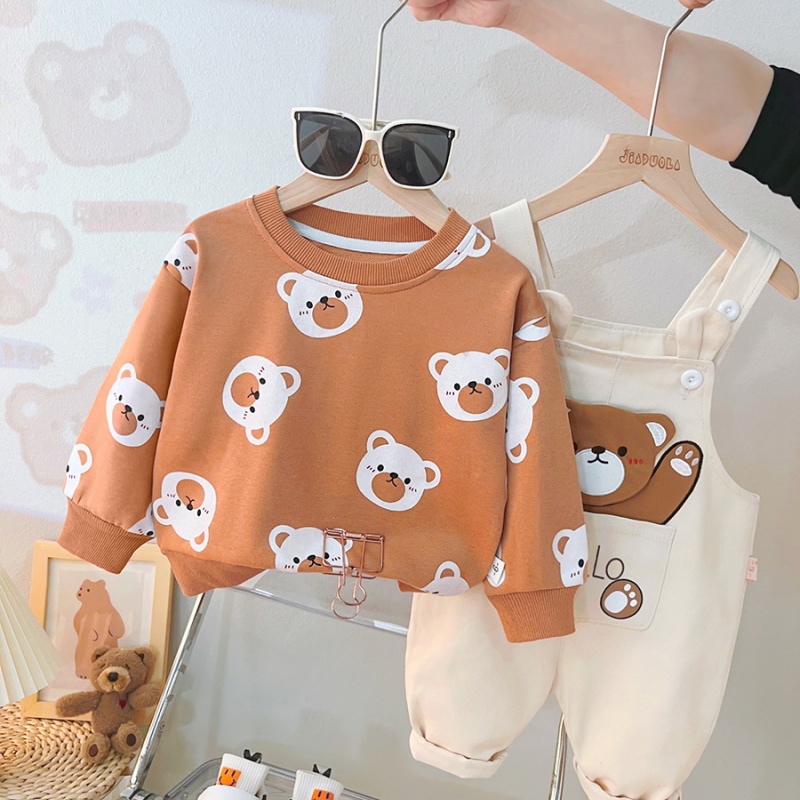 2pcs Baby Girl/Boy Full Print Bear Bib Pants Long Sleeve Set