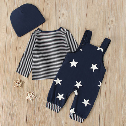 Baby Boy Stars and Stripes Suspenders Trousers + Long-sleeved T-shirt with hat three-piece set