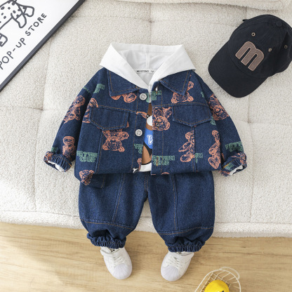 3pcs Baby Boy Full Print Bear Hooded Sweatshirt Long Sleeve Set