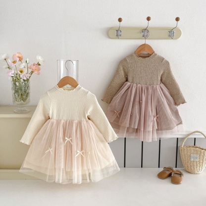 Baby Girl Colour Threaded Wooden Earring Patchwork Long Sleeve Dress