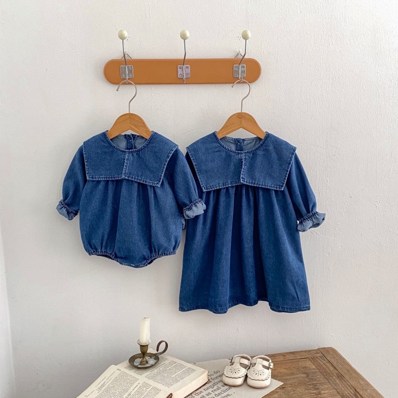 Baby Girl/Boy Denim Collar Long Sleeve Bodysuit+Dress