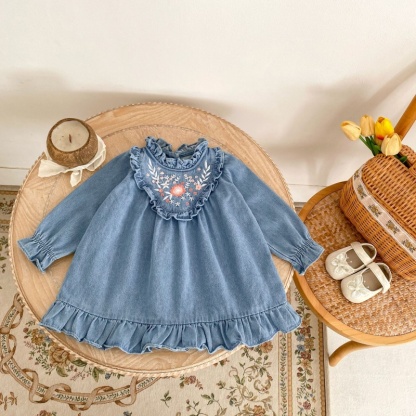 Baby Girl Floral Embroidery Denim Long Sleeve Dress
