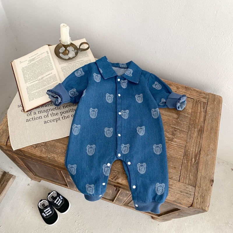 Baby Girl/Boy Cute Bear Pattern with Small Lapel Long Sleeve Romper