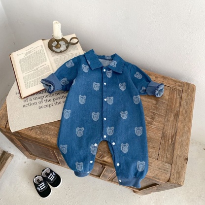 Baby Girl/Boy Cute Bear Pattern with Small Lapel Long Sleeve Romper