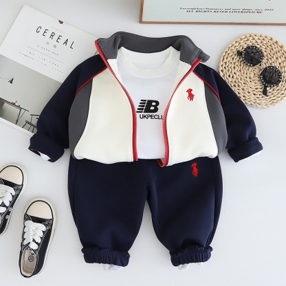 3pcs Baby Boy Zip Up High Neck Embroidered Pony Long Sleeve Set