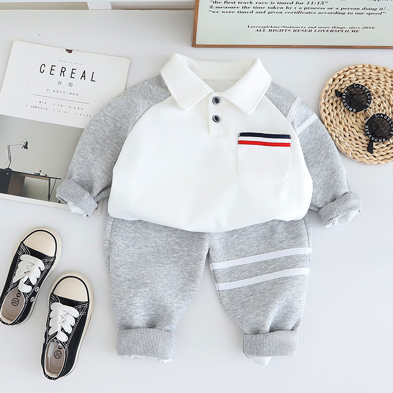 2pcs Baby Boy Colour Block Stripe Polo Shirt Long Sleeve Set