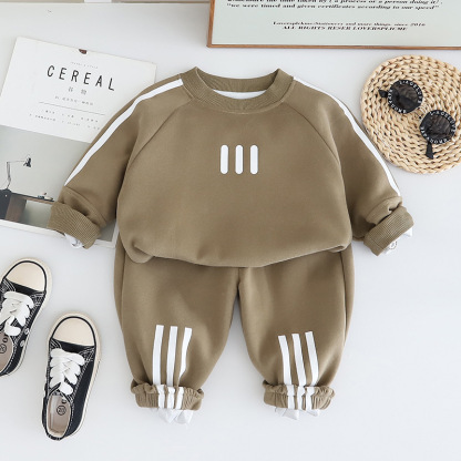 2pcs Baby Boy Long Sleeve Round Neckline With Vertical Stripes Set