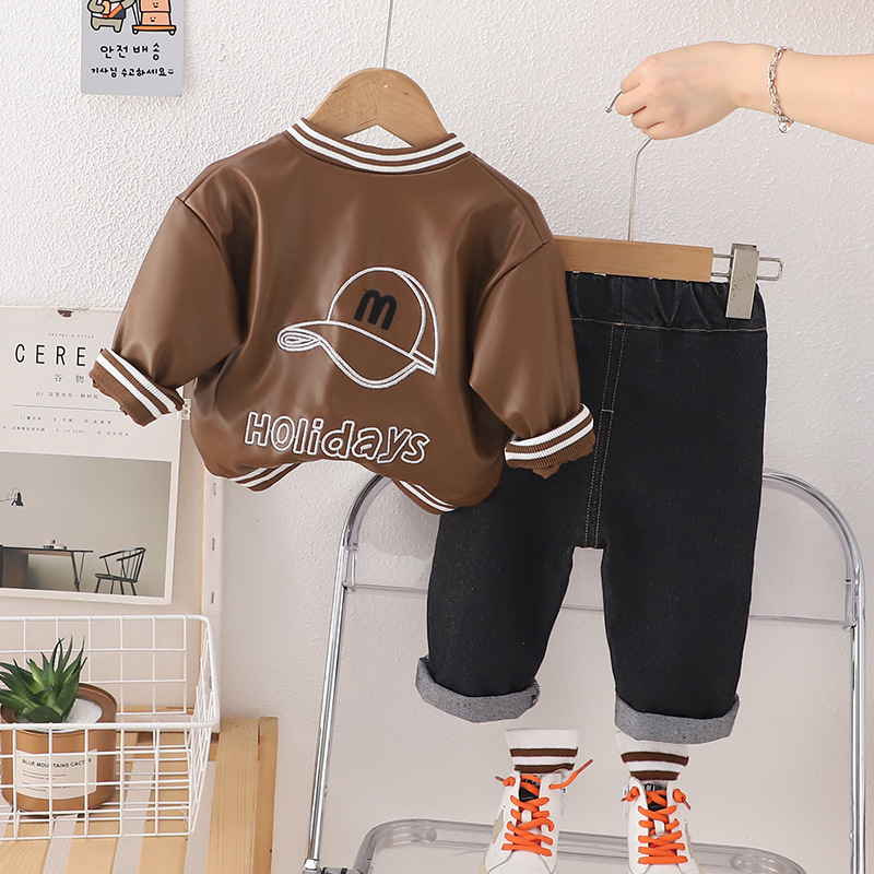 2pcs Baby Boy Leather Baseball Jersey Long Sleeve Set