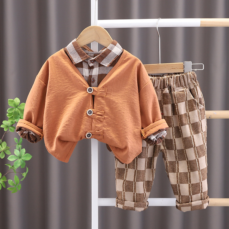 3pcs Baby Boy/Girl Long Sleeve Vintage Mori Plaid Set