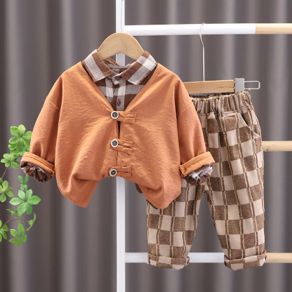 3pcs Baby Boy/Girl Long Sleeve Vintage Mori Plaid Set