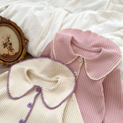 2pcs Baby Girl Lapel Long Sleeve Cardigan Micro Flared Trousers Set