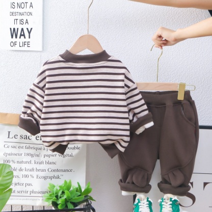 2pcs Baby Boy Cute Bear Crew Neck Padded Sweatshirt Set