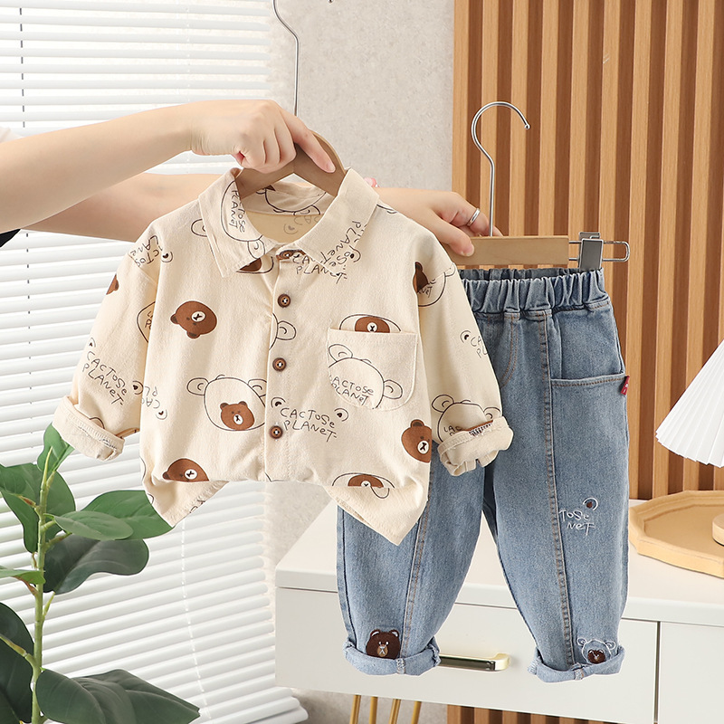2pcs Baby Boy Full Print Bear Long Sleeve Shirt Set