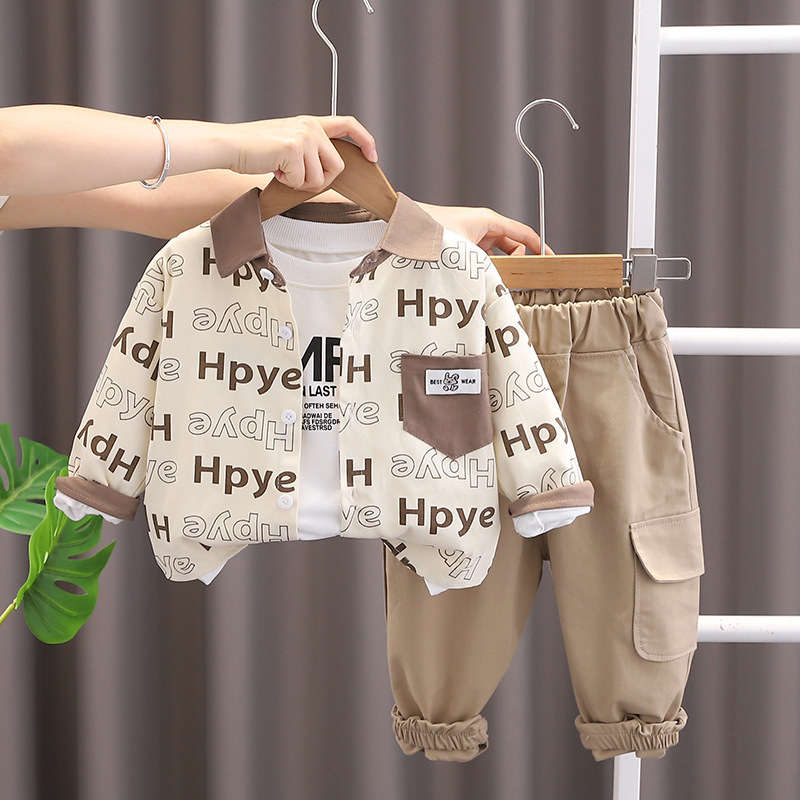 3pcs Baby Boy Full Print Lettering Long Sleeve Shirt Set