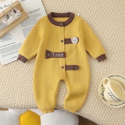 Baby Girl/Boy Cute Cartoon Striped Knitted Bear Long Sleeve Romper