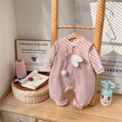 Baby Girl Cute Cartoon Cute Bunny Bib Pants Striped Tee Long Sleeve Romper