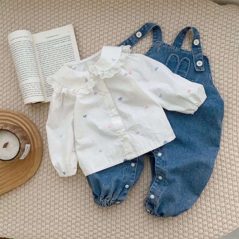 Baby Girl Doll Neck Cardigan + Bunny Bib Pants Romper