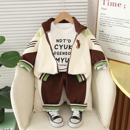 3pcs Baby Boy Zip Up Jacket Letter Printed T Shirt Casual Trousers Set