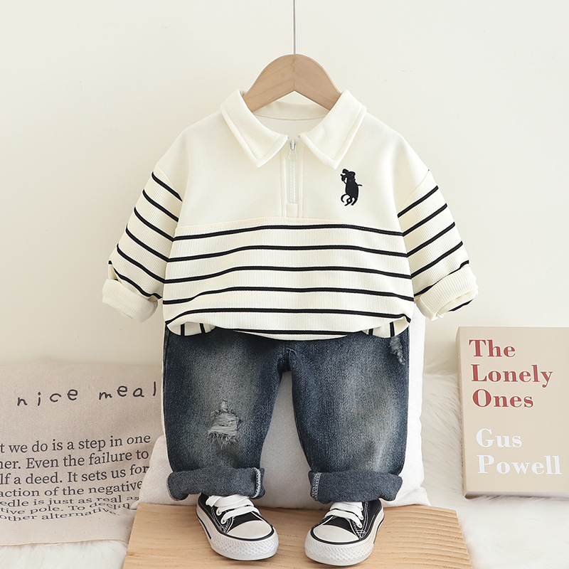 2pcs Baby Boy Striped Polo Shirt Long Sleeve Jeans Set