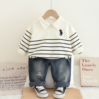 2pcs Baby Boy Striped Polo Shirt Long Sleeve Jeans Set