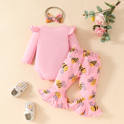 2pcs Baby Girl Cute Little Bee Print Long Sleeve Set With Hairband