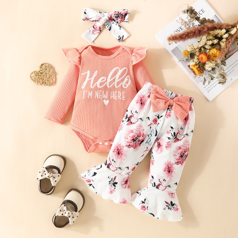2pcs Baby Girl Cute Alphabetical Flowers Long Sleeve Set With Hairband