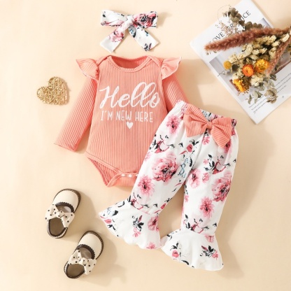 2pcs Baby Girl Cute Alphabetical Flowers Long Sleeve Set With Hairband