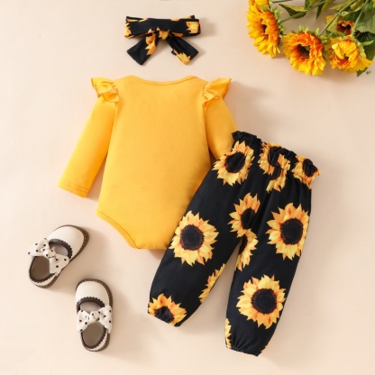2pcs Baby Girl Alphabet Sunflowers Long Sleeve Set With Hairband