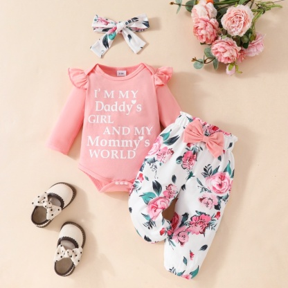 2pcs Baby Girl Cute Alphabetical Flowers Bow Long Sleeve Set With Hairband