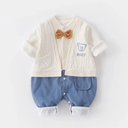 Baby Boy Bow Tie Patchwork One Piece Vest False Two Pieces Long Sleeve Romper