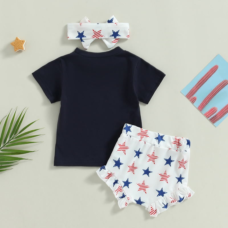  Baby Boy/Girl American Flag Print T-shirt + High-waisted Pant +Hairband Three-piece Set