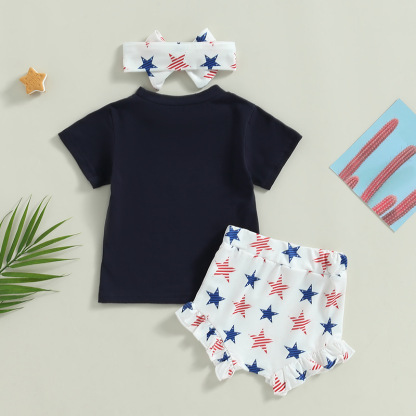  Baby Boy/Girl American Flag Print T-shirt + High-waisted Pant +Hairband Three-piece Set