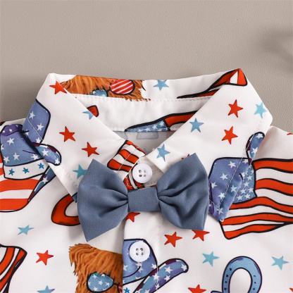 2pcs Baby Boy Independence Day Flag Print Bow Tie Shirt with Pant Set