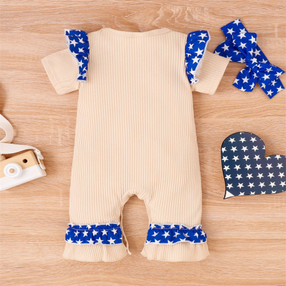 Baby Girl Independence Day Letter USA Print Lace Short Sleeve Romper with Hairband 