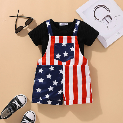 Baby Boys Independence Day Stars and Stripes T-shirt+Suspenders 2pcs Set
