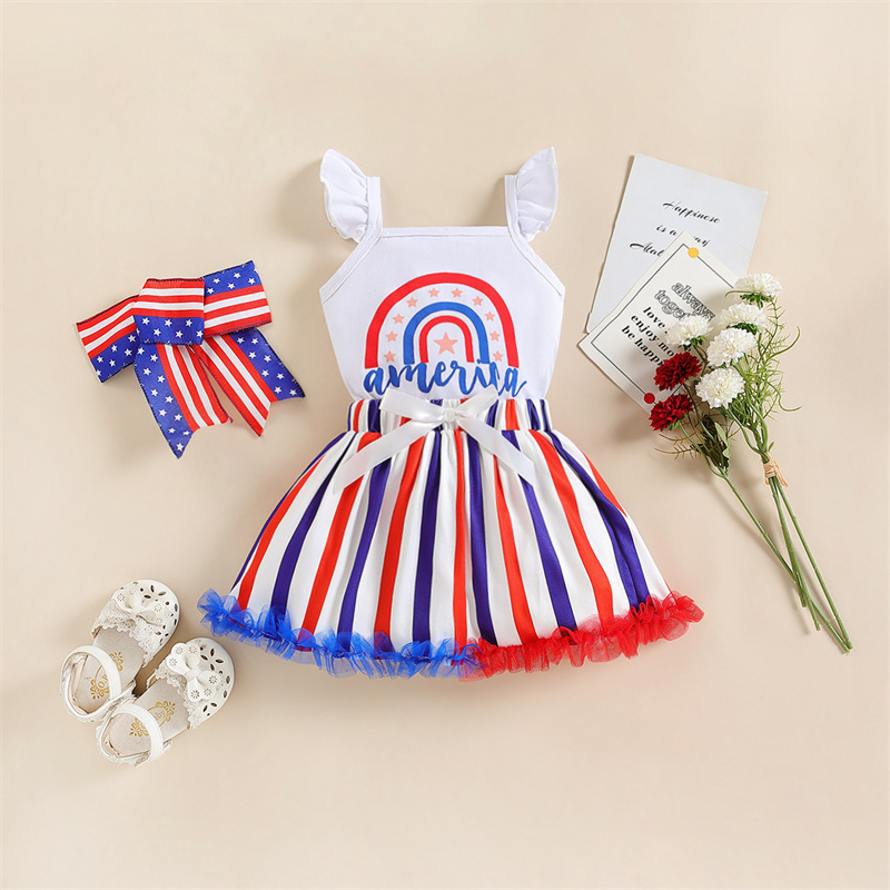 Baby Girl Independence Day Rainbow Stripes Sleeveless Bodysuit+Skirt+ Hairband 3pcs set