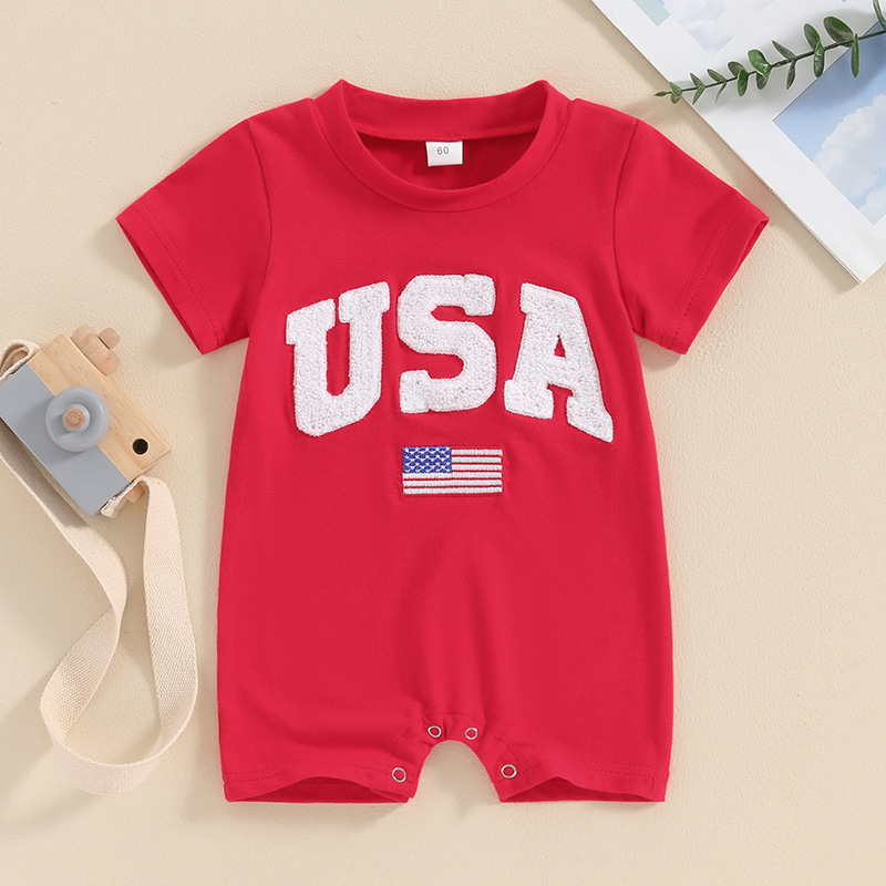 Baby Boys Embroidered Independence Day Alphabet USA Short Sleeve Rromper
