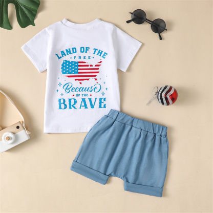 2pcs Baby Boy/Girl Independence Day Reversible Blue Letter Print T-shirt with Pant Set