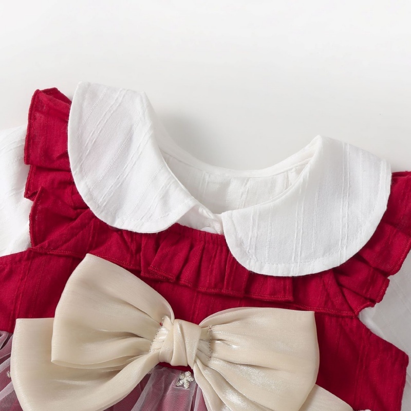 2pcs Baby Girl Long Sleeve Burgundy Bow Wings Dress with Hat