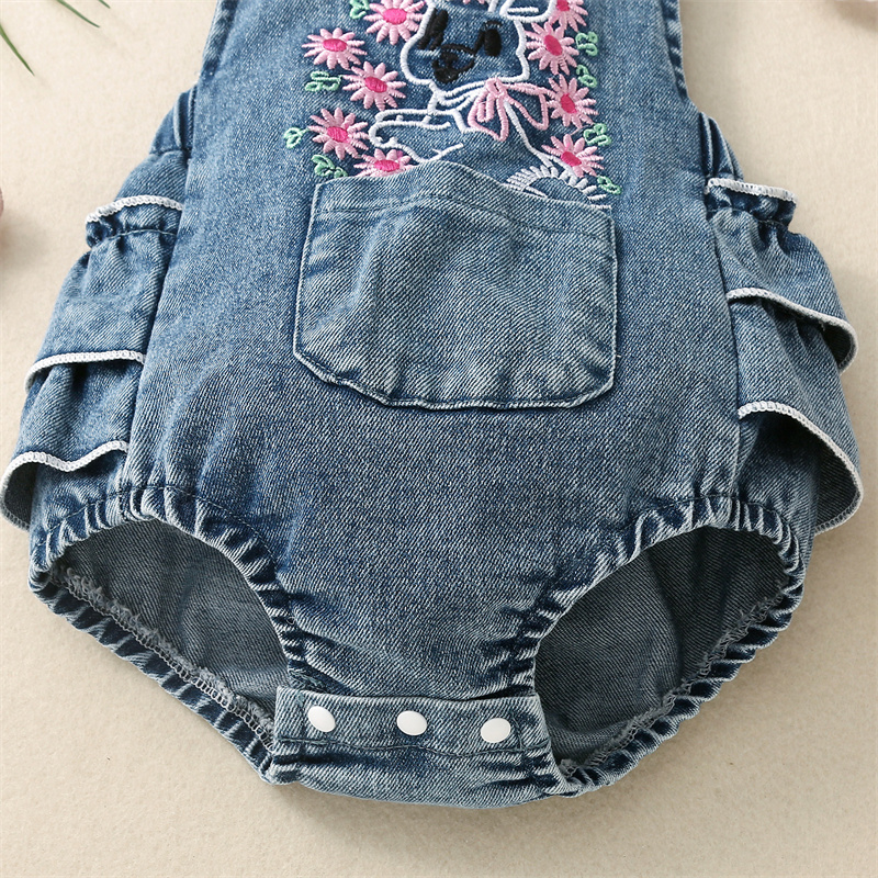Baby Gir Cute Flower Bunny Denim Bodysuit with Bow Tie