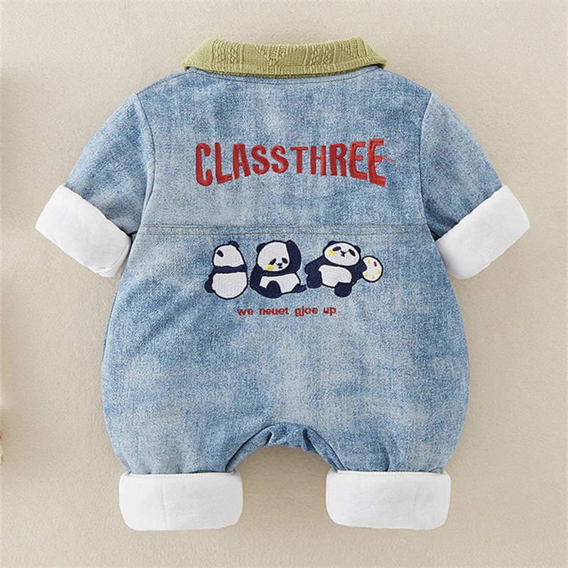 Baby Cute Panda Cotton Thickened Denim Long Sleeve Romper