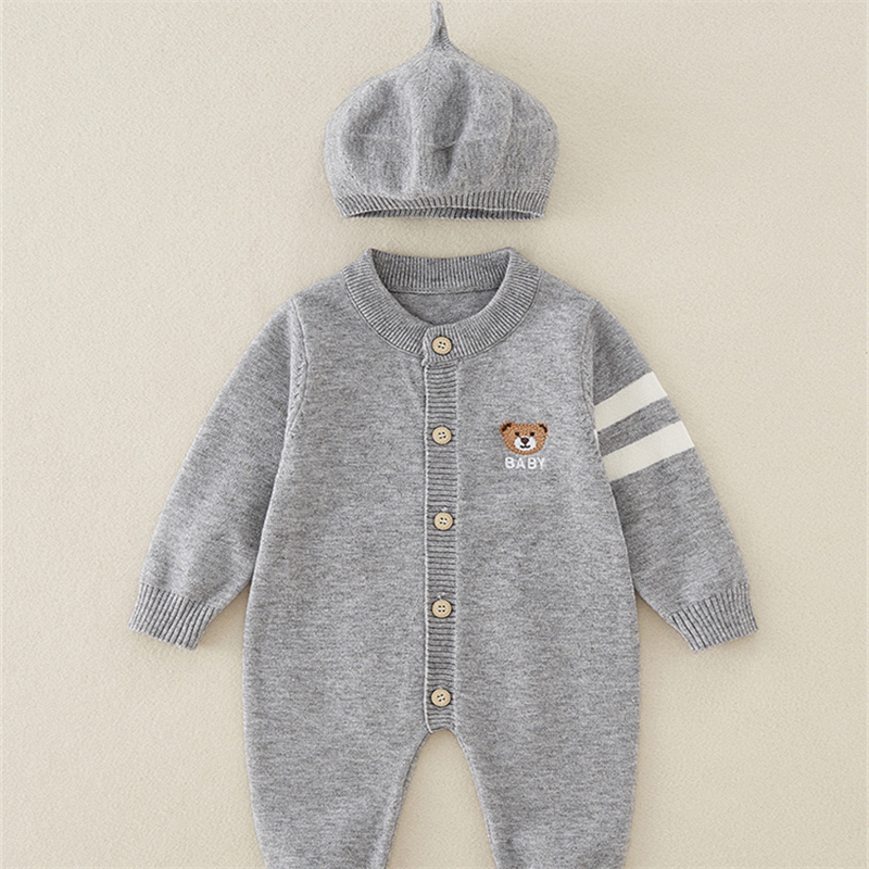 2pcs Baby Cute Cute Bear Knitted With Hat Long Sleeve Romper