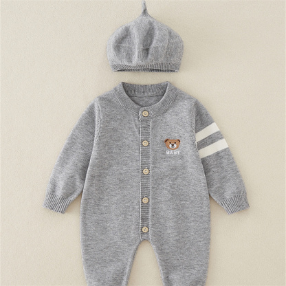2pcs Baby Cute Cute Bear Knitted With Hat Long Sleeve Romper