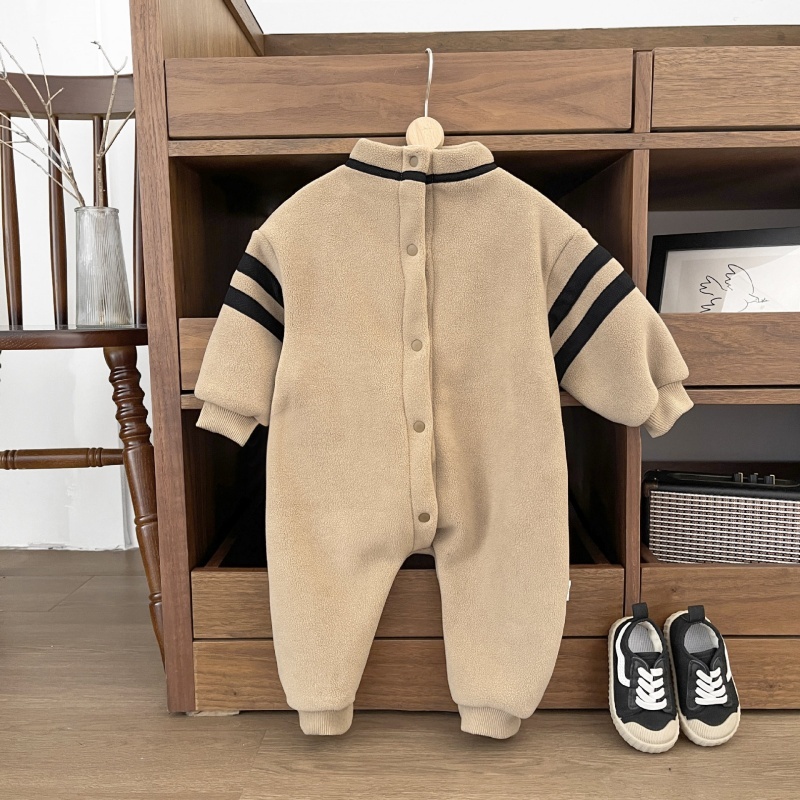 Baby Boy Pulled Stripe Plush Half High Neckline Romper